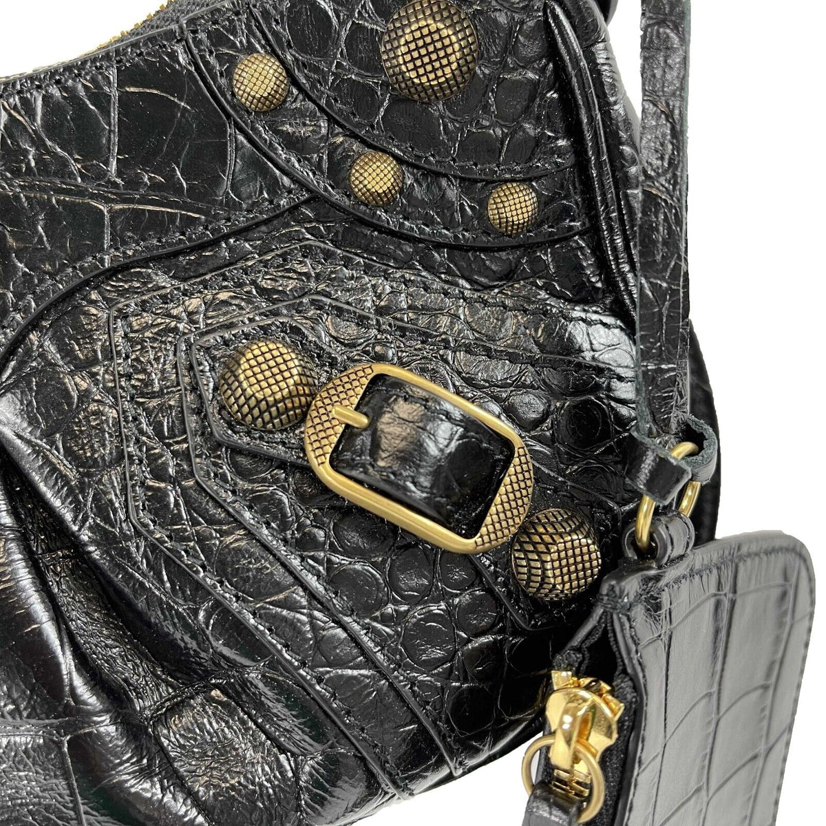 balenciaga - XS Shoulder Bag Crocodile Embossed Black Studded Shoulder Bag NEW