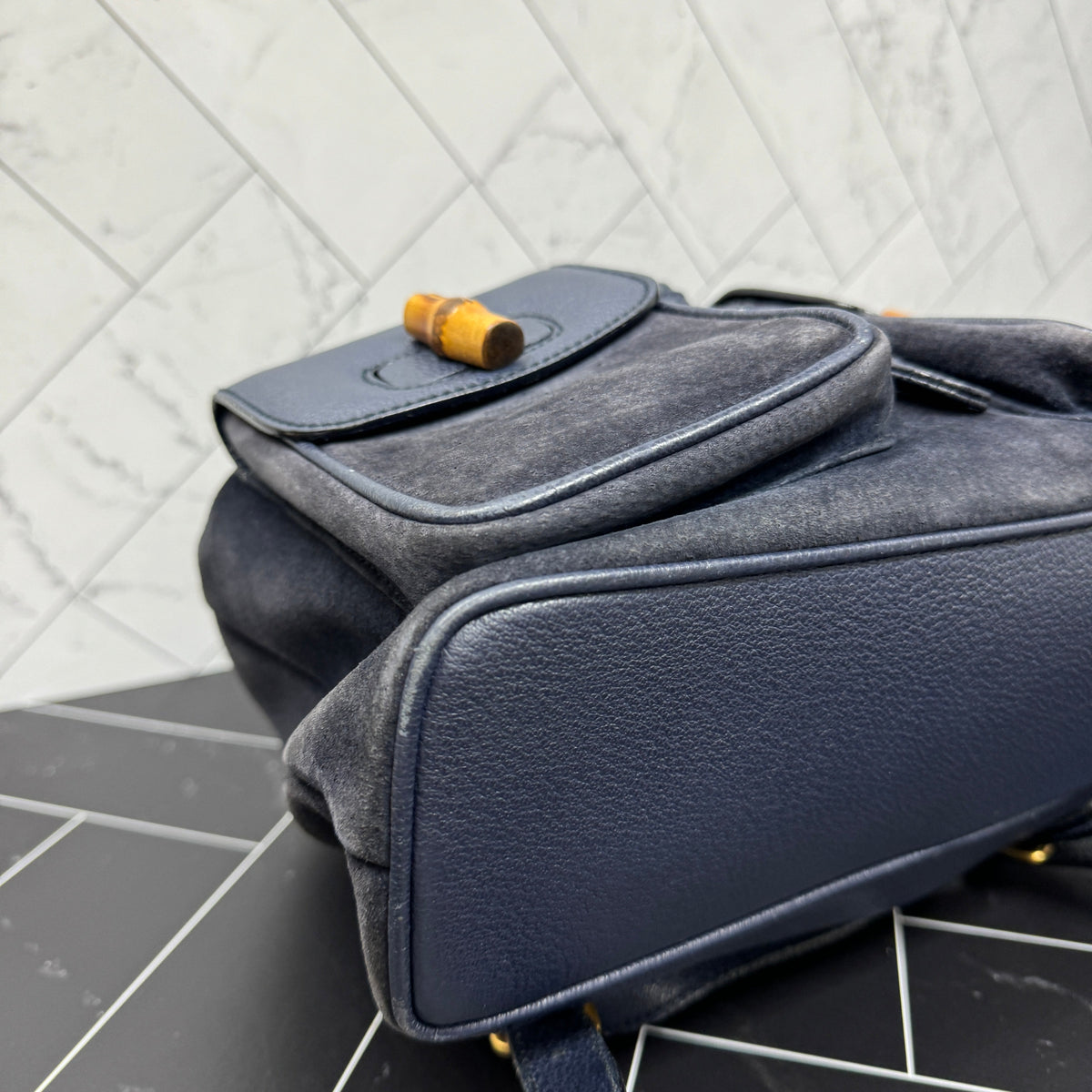 Gucci Navy Blue Suede Bamboo Small Backpack
