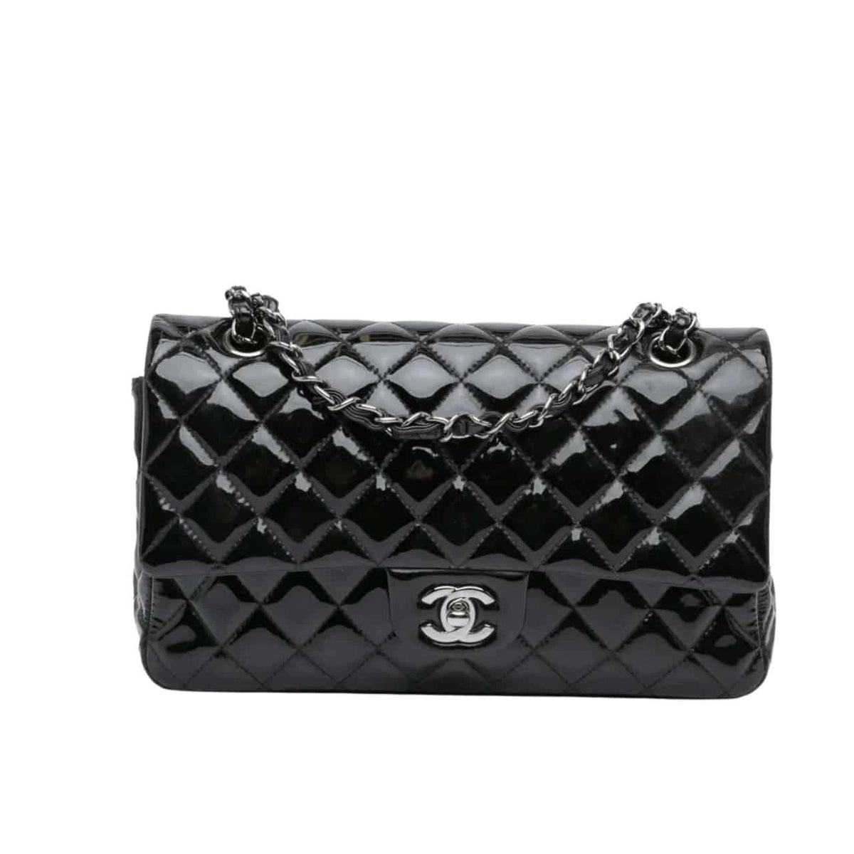 CC MEDIUM CLASSIC DOUBLE FLAP BAG PATENT LEATHER BLACK 26CM