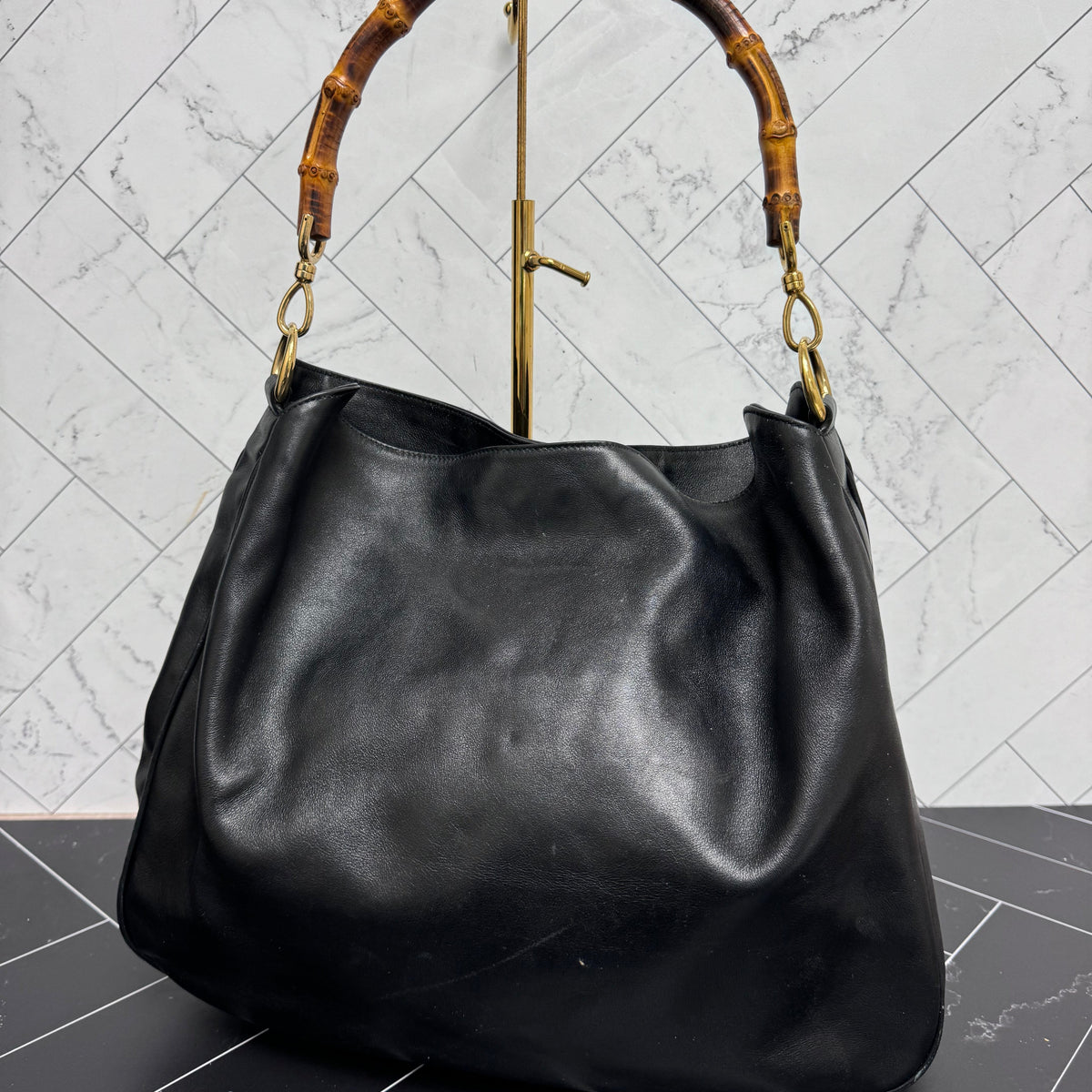 Gucci Black Leather Bamboo 2Way Bag