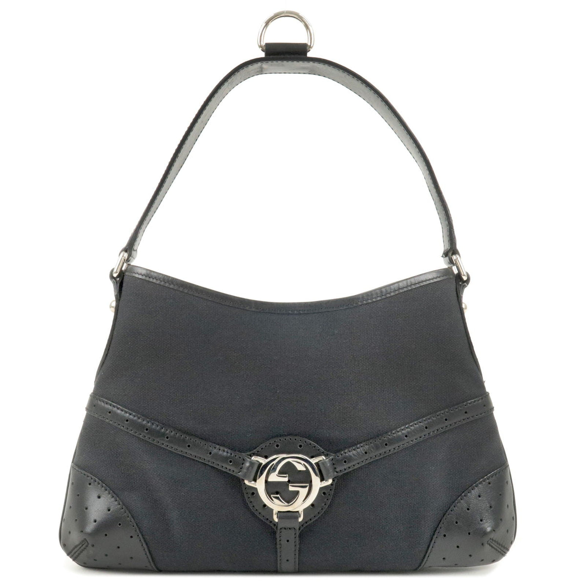 GUCCI Interlocking G Canvas Leather Shoulder Bag Black 114877