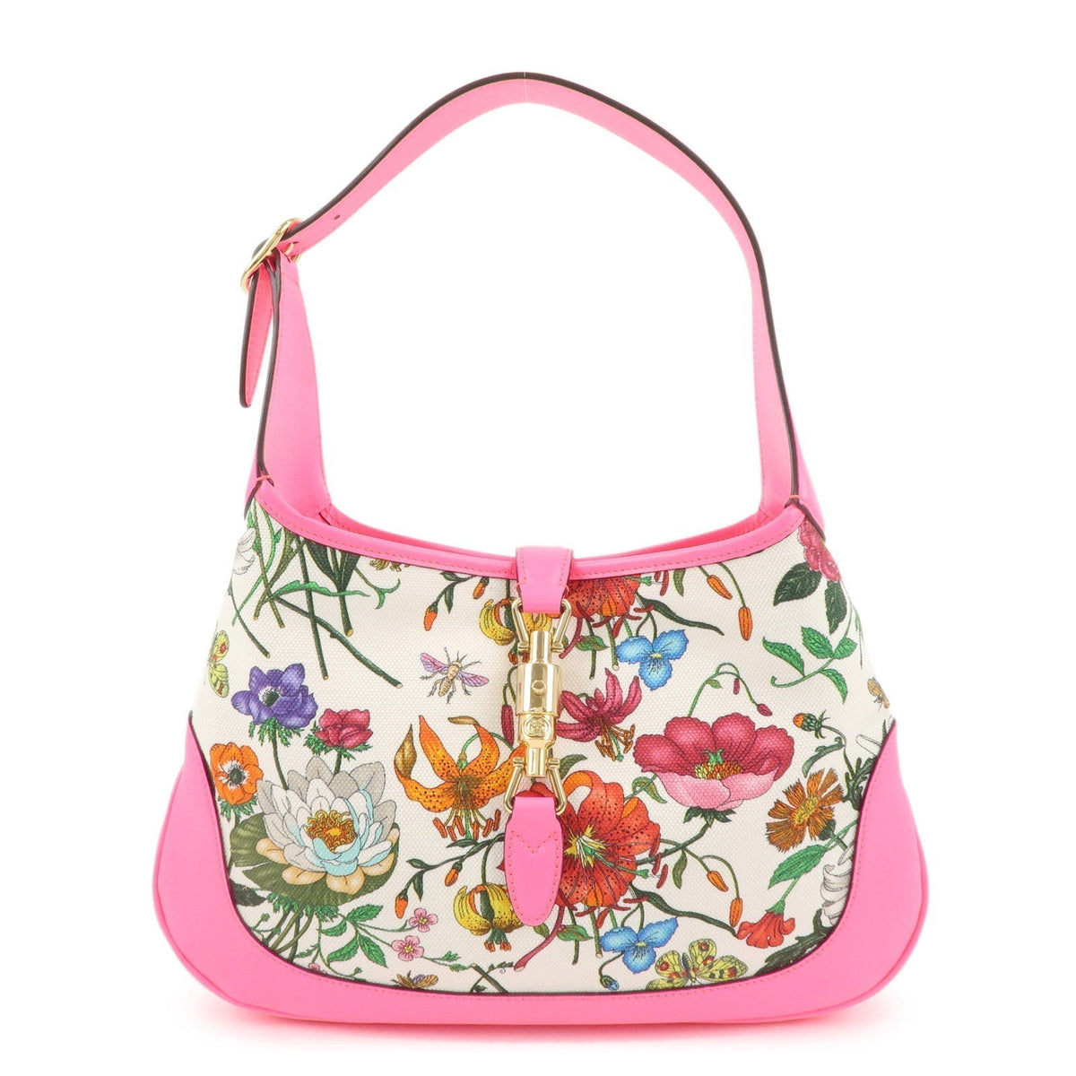 GUCCI New Jackie Flora Canvas Leather Shoulder Bag Pink 550152