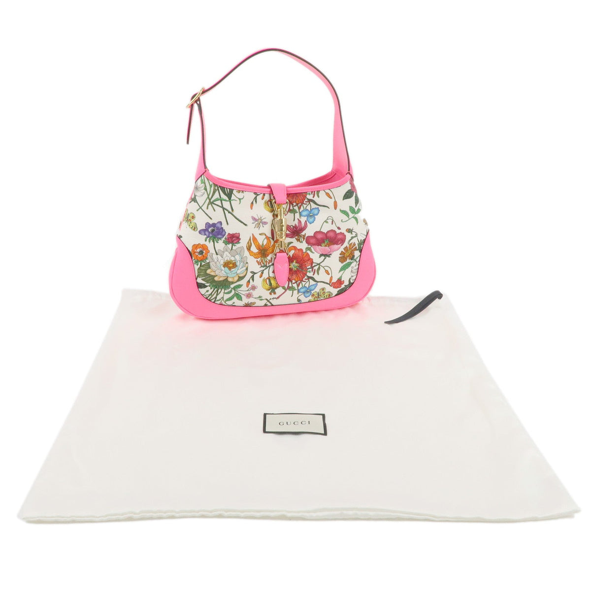 GUCCI New Jackie Flora Canvas Leather Shoulder Bag Pink 550152