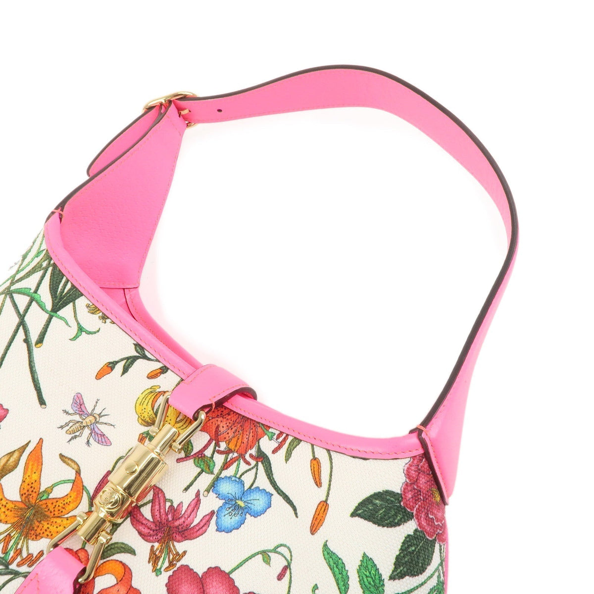 GUCCI New Jackie Flora Canvas Leather Shoulder Bag Pink 550152