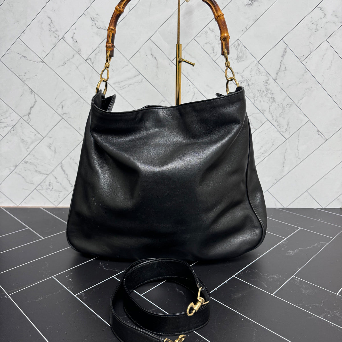 Gucci Black Leather Bamboo 2Way Bag