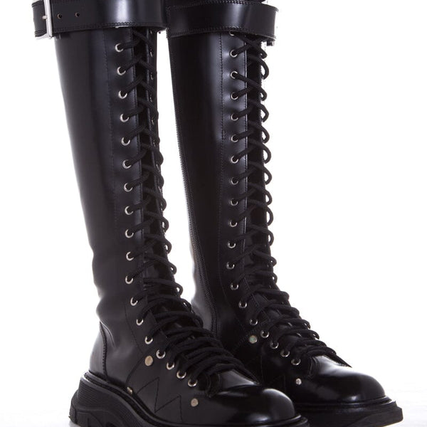 Alexander McQueen Sitvale Pelle Black Boots SZ 38.5
