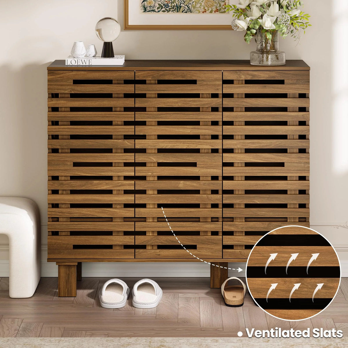 47" Wide Shoe Cabinet with Drawers and Adjustable Shelves, Entryway Shoe Storage Organizer with Louvered Doors, Japandi Brutalist Walnut Grid Design, Fits 20–24 Pairs