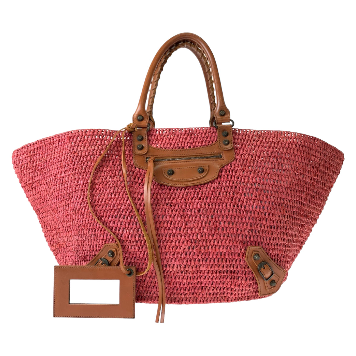 balenciaga Pink Brown Straw Leather Tote Bag