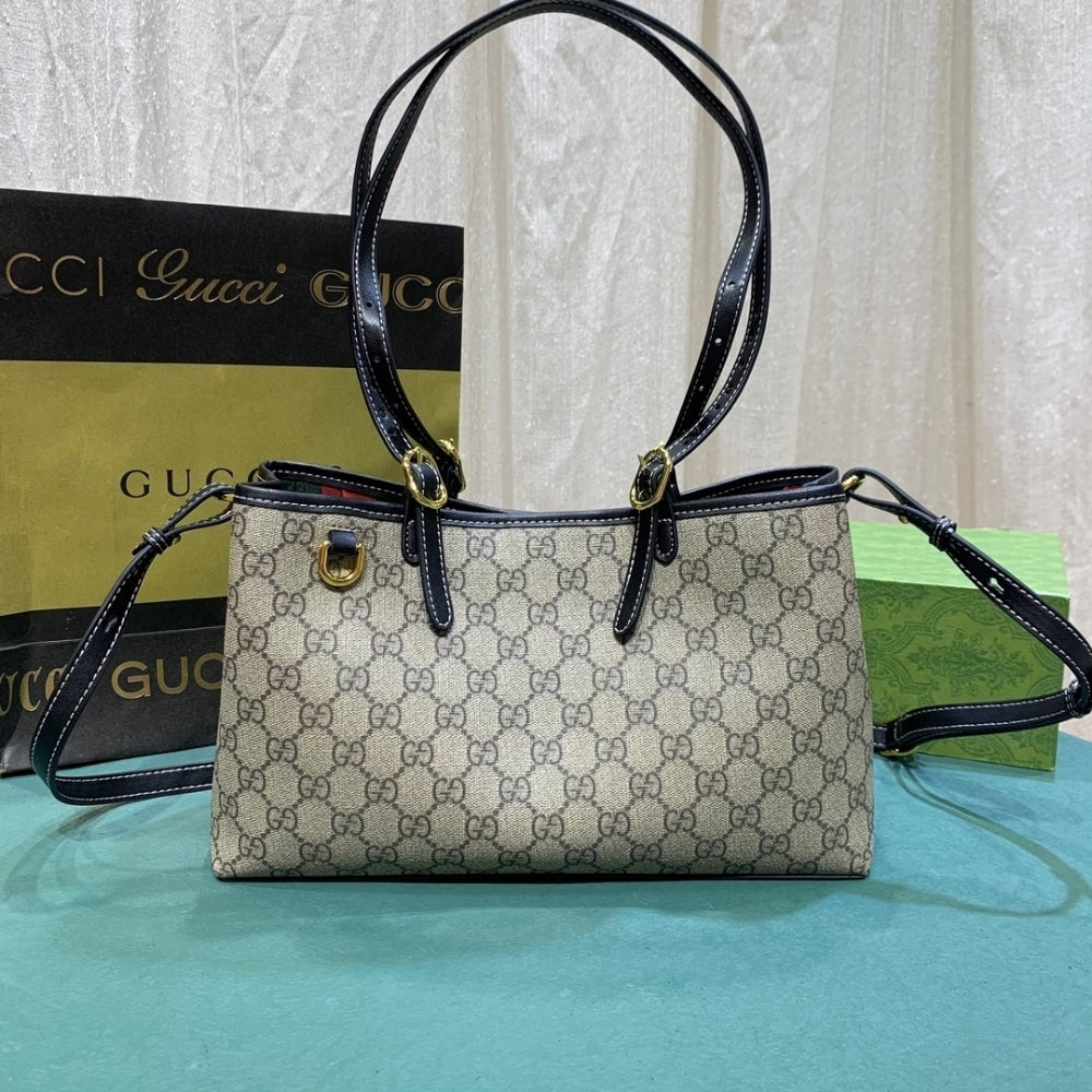 GG GG EMBLEM SMALL TOTE BAG BEIGE AND DARK BROWN 31CM 815214 FAD6L 9741