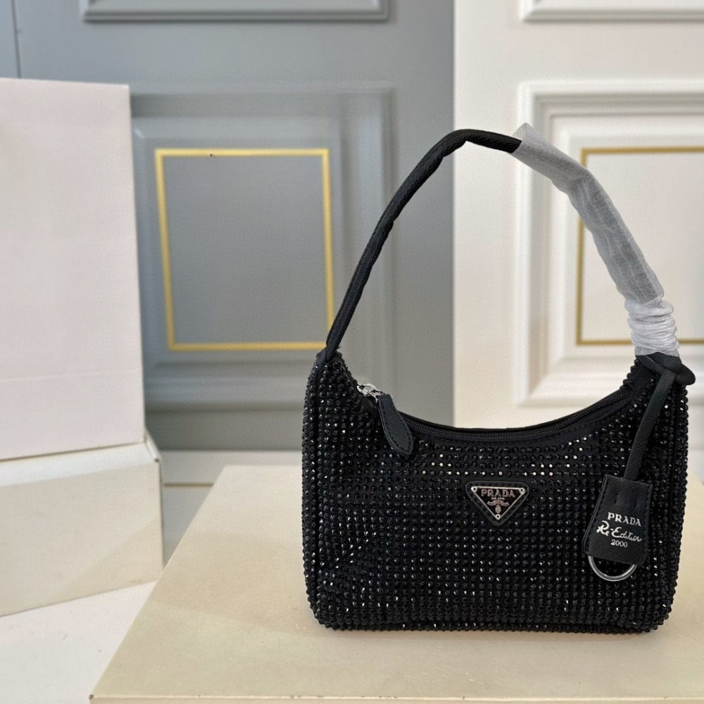 PR RE EDITION SATIN MINI BAG WITH CRYSTALS BLACK 21CM 1BC515 2AWL F0002 V OOO