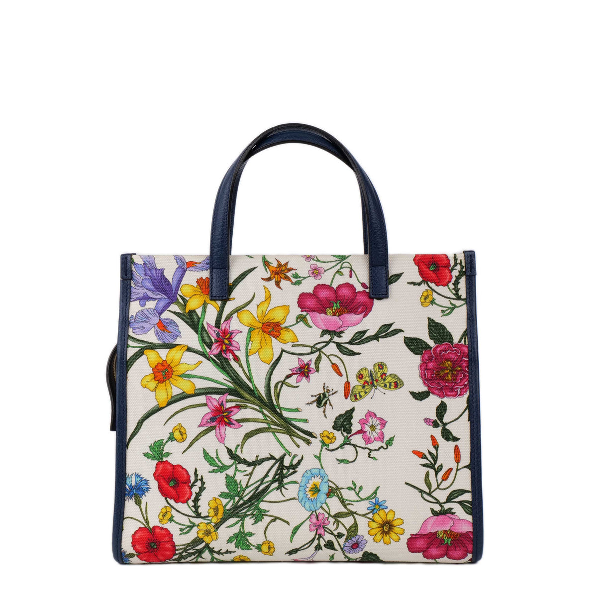 Gucci Floral Canvas Tote with Blue Leather Trim.