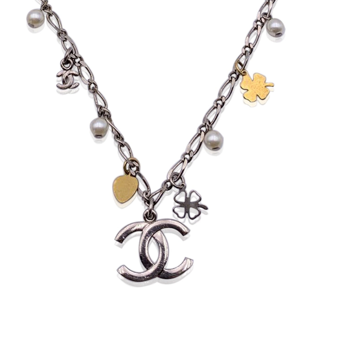 Top Quality Chanel Silver Metal Chain Necklace With Charms Cc Logo Pendant