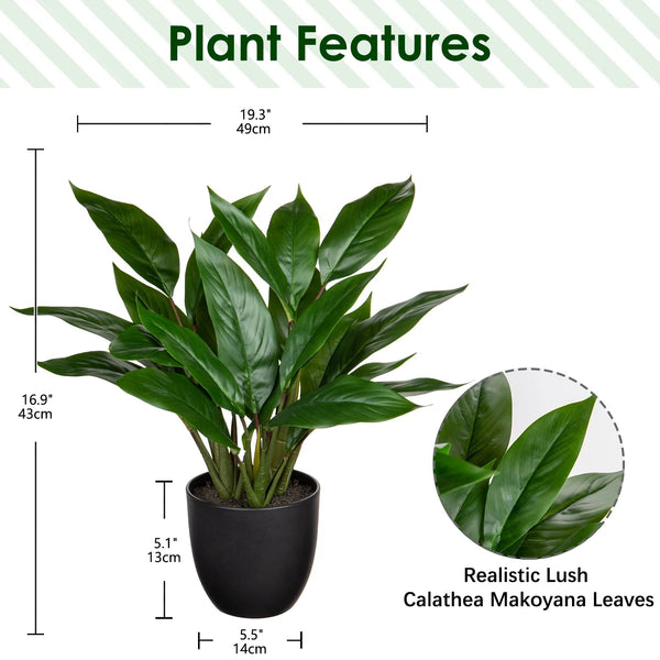 17'' Artificial Potted Plants Fake Greenery Cast Iron Plant Indoor Realistic Faux Plants with Gold Pot Desk Home Decor