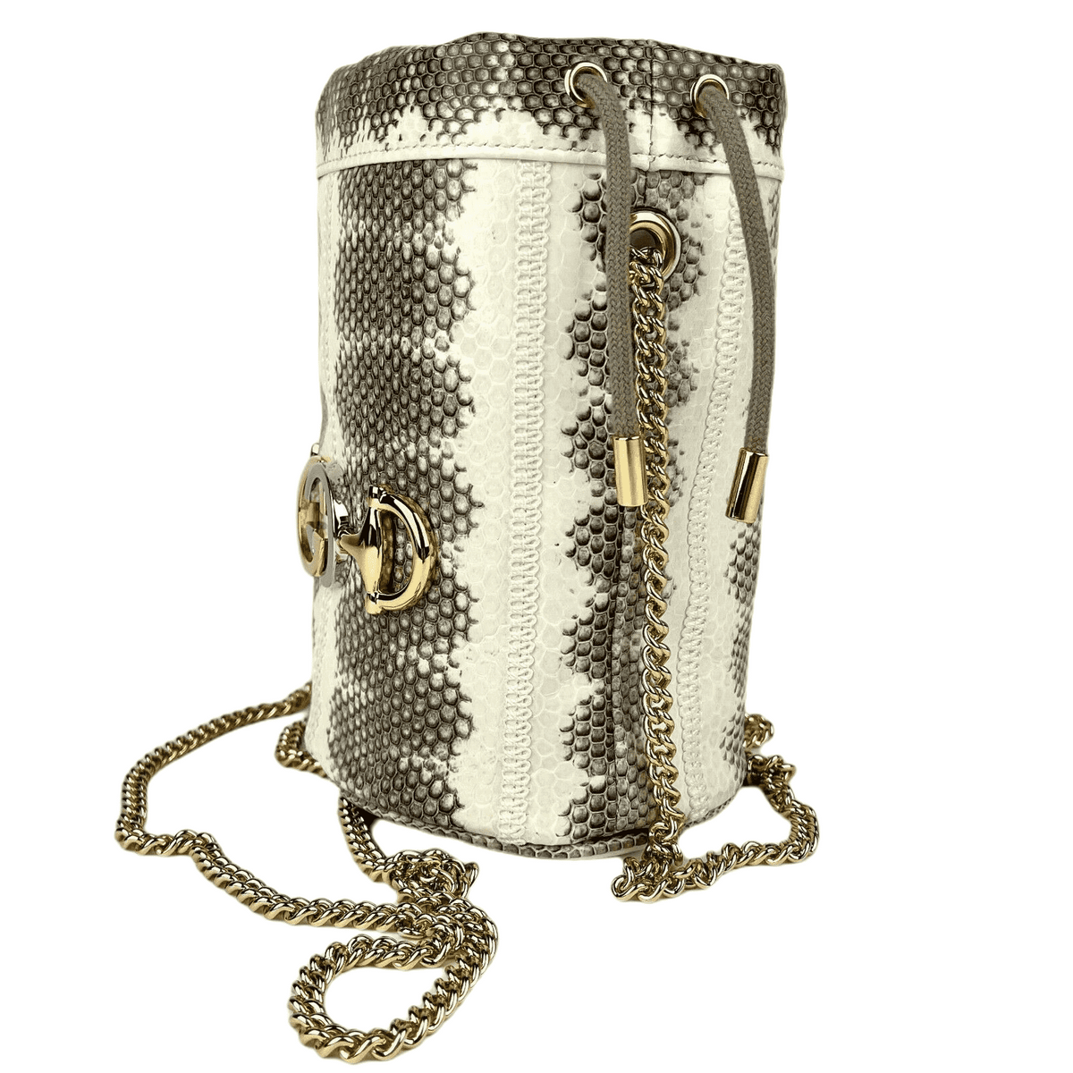 Gucci Women's Zumi White/Gray Snakeskin Mini Drawstring Bucket Chain Bag 576432 9599