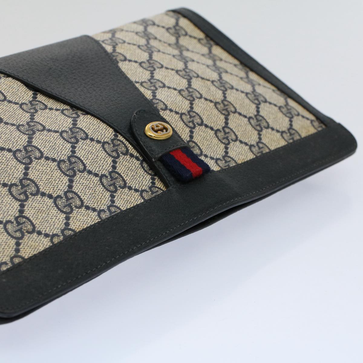 GUCCI GG Supreme Sherry Line Clutch Bag Red Navy Gray 156 01 033 Auth 59620