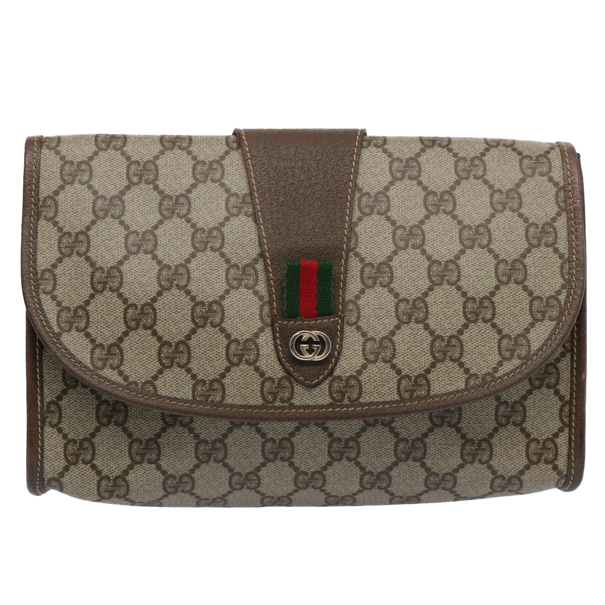 GUCCI GG Canvas Web Sherry Line Clutch Bag PVC Beige Green Red Auth 59919