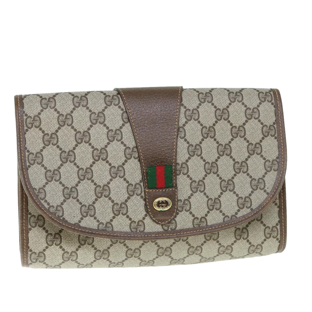 GUCCI Gg Canvas Web Sherry Line Clutch Bag Pvc Beige Red Green Auth 59987