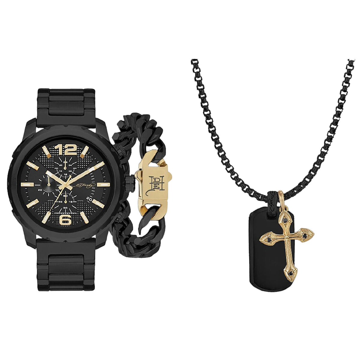 Ed Hardy Men's Matte Black Metal Bracelet Watch 50mm Gift Set