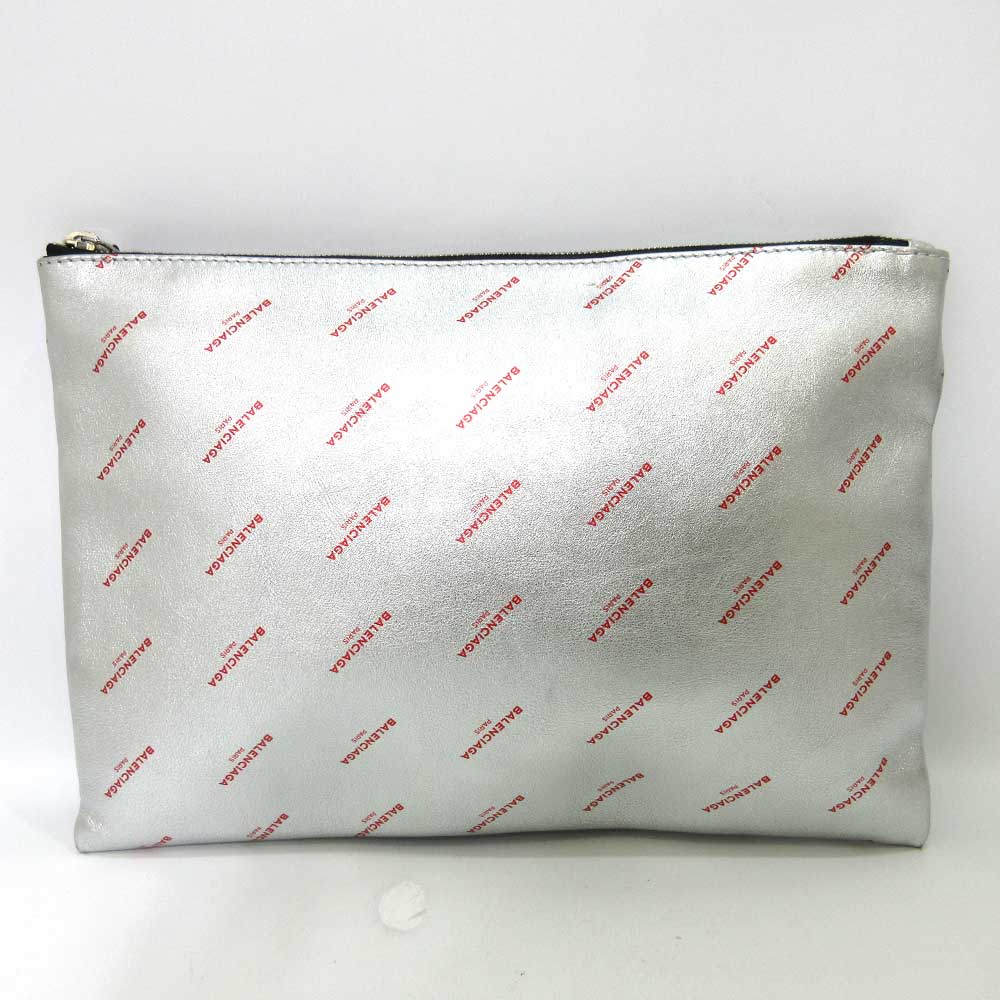 balenciaga Leather Logo Large Clutch Silver