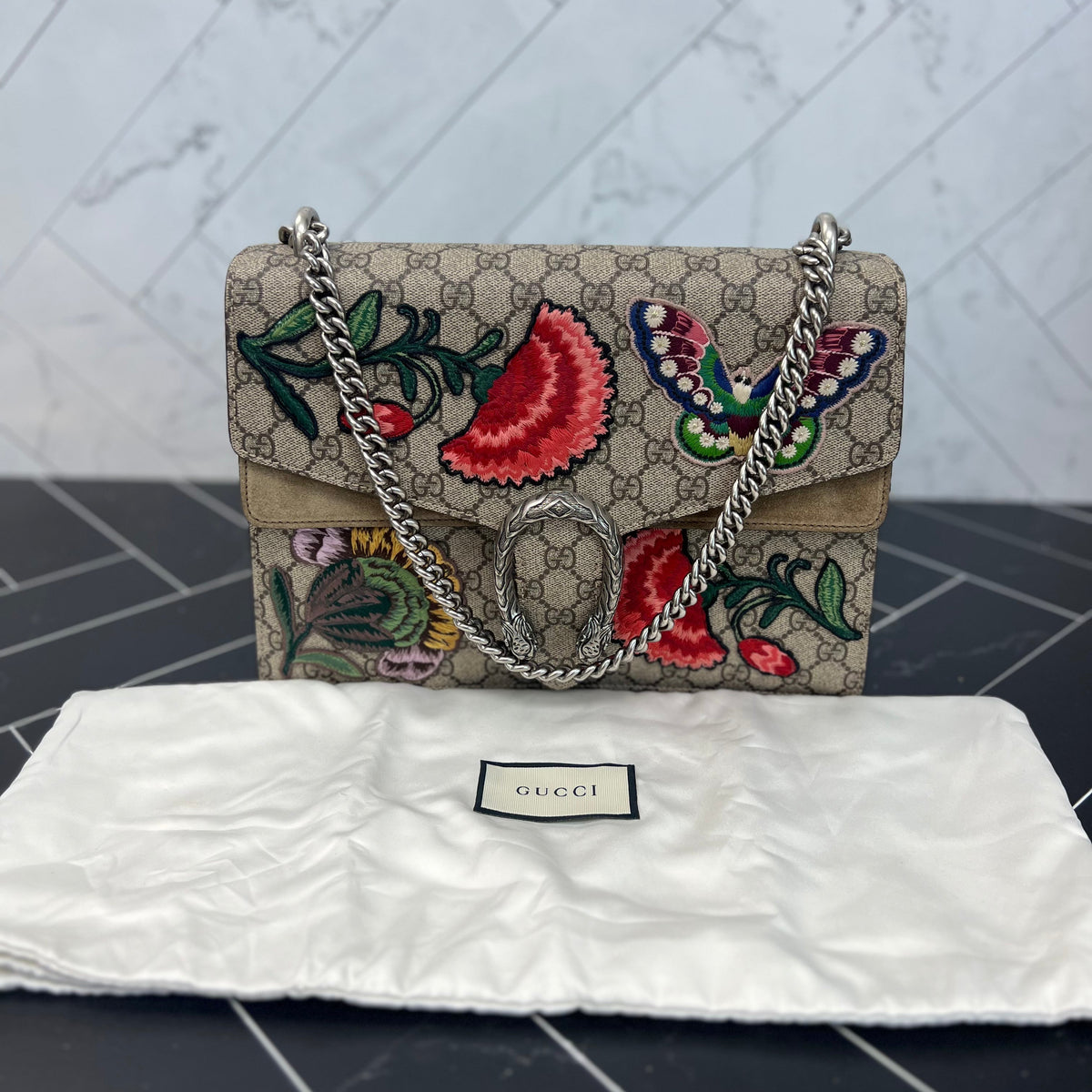 Gucci Supreme Embroidered Floral Butterfly Coated Canvas Dionysus Shoulder Bag