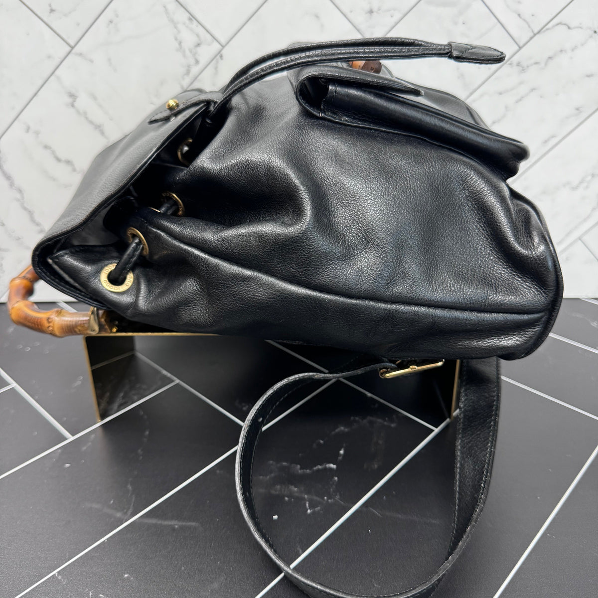 Gucci Black Leather Bamboo Small Backpack