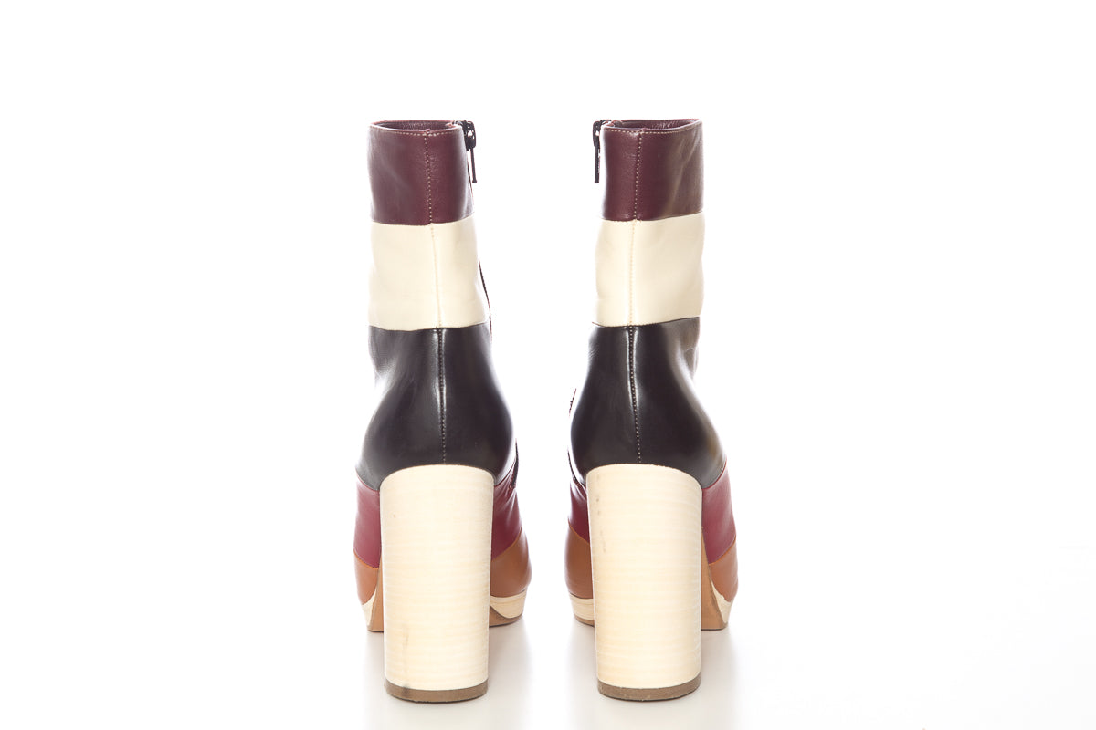 Valentino Maroon,Black,Peanut Lather Color Block Boots SZ 38