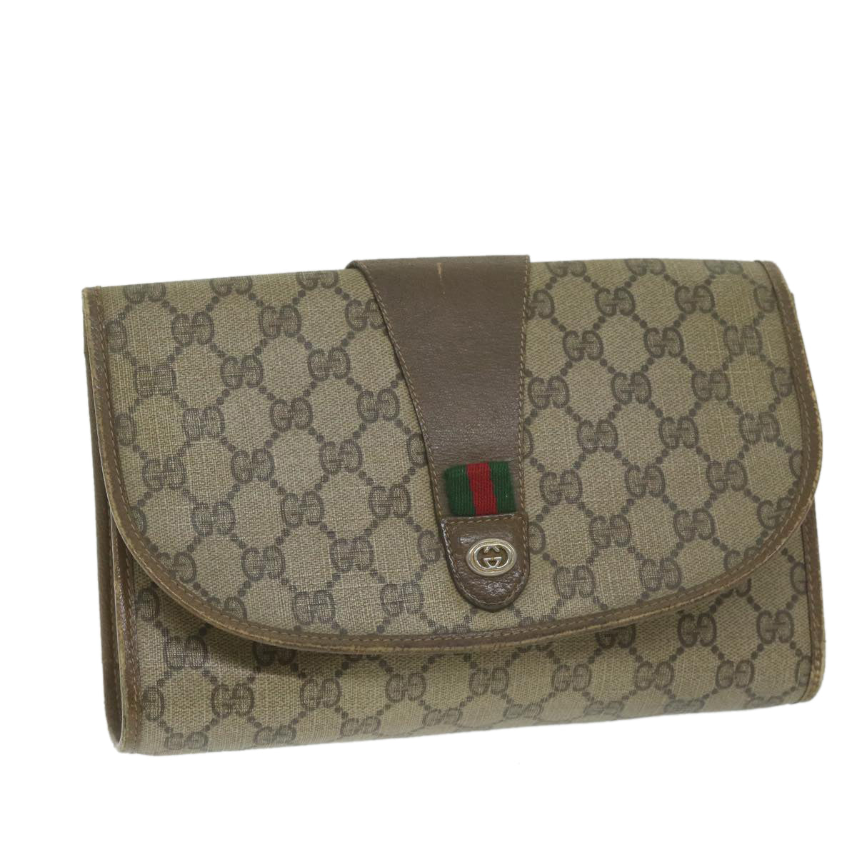 GUCCI Web Sherry Line GG Supreme Clutch Bag Beige Red Green 89 01 030 Auth 63482