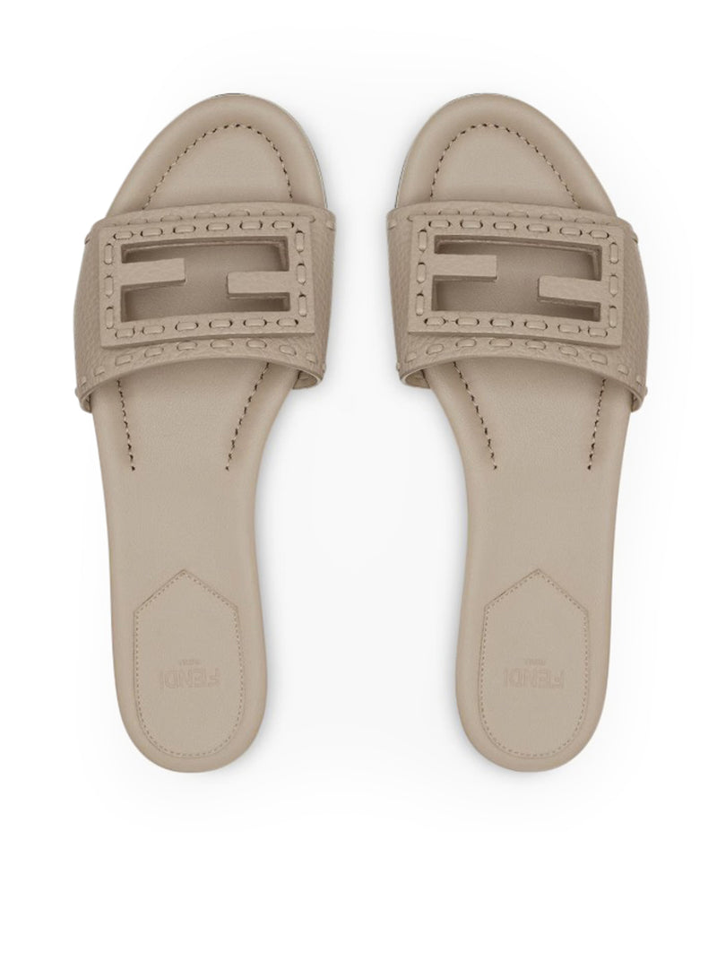 Fendi Women Dove Grey Leather Baguette Slippers