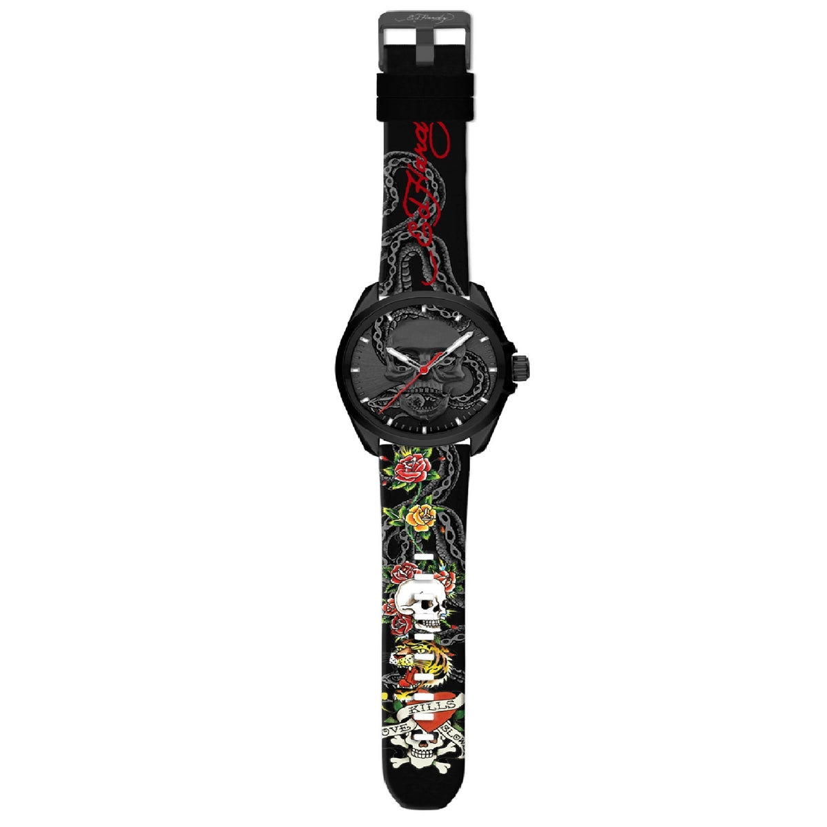 Ed Hardy Mens Rubber Blk/Multi(Prt.) Skull Watch