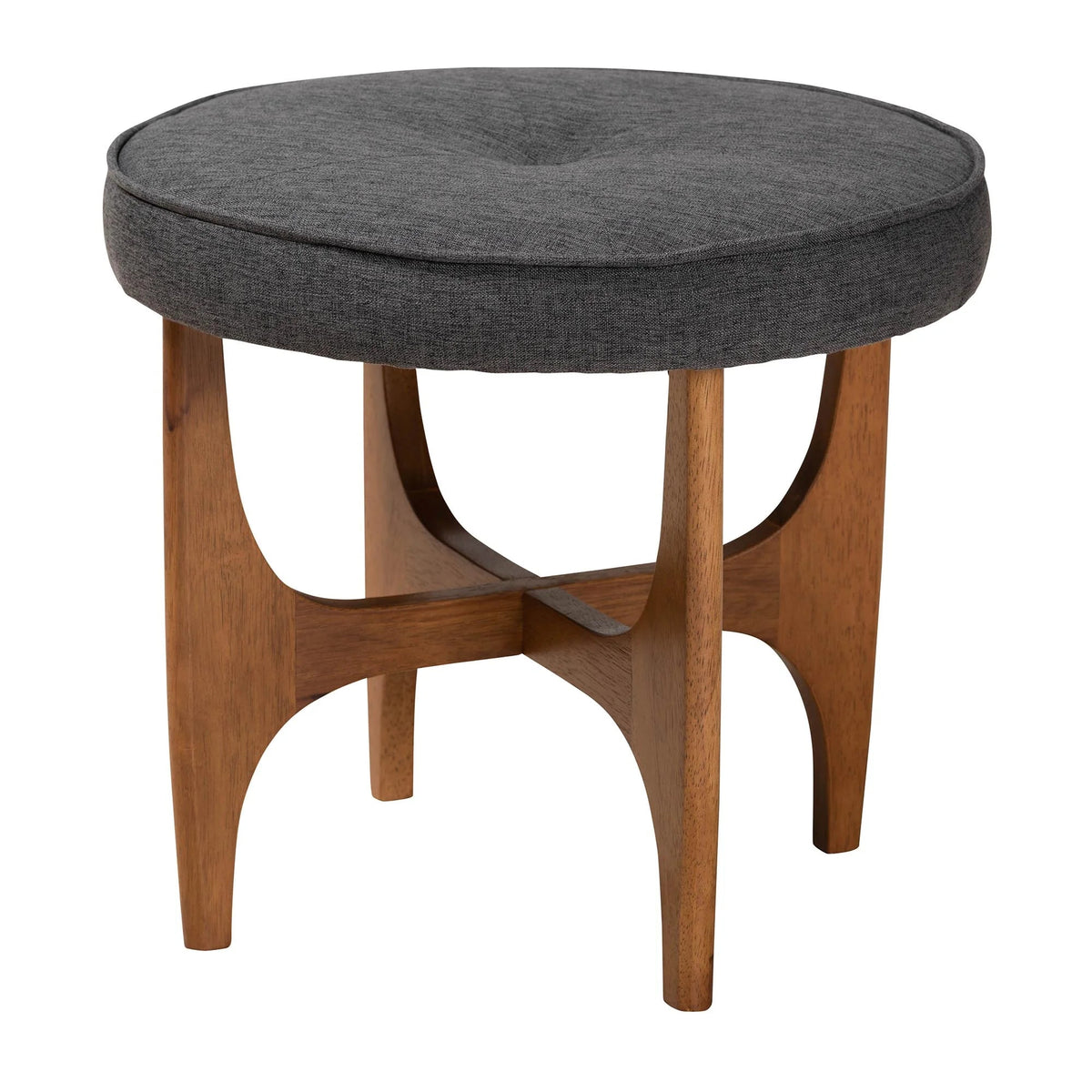 Theo Japandi Greyish Beige Fabric and Walnut Brown Finished Wood Ottoman Footstool