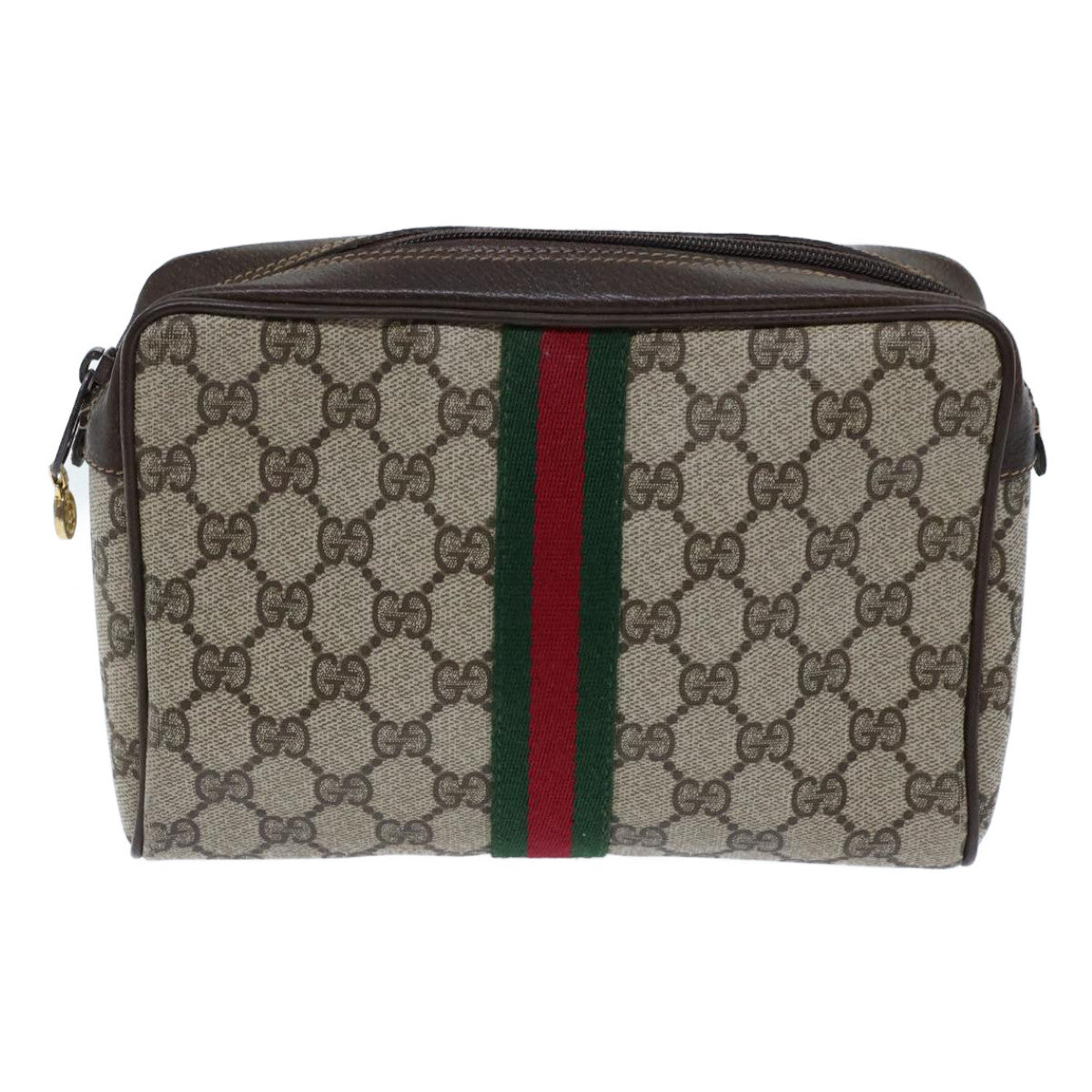 GUCCI GG Canvas Web Sherry Line Clutch Bag PVC Beige Green Red Auth 72151