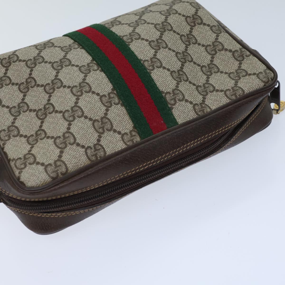 GUCCI GG Canvas Web Sherry Line Clutch Bag PVC Beige Green Red Auth 72151