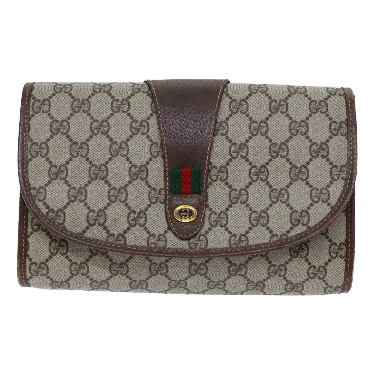 GUCCI GG Canvas Web Sherry Line Clutch Bag PVC Beige Green Red Auth 72156