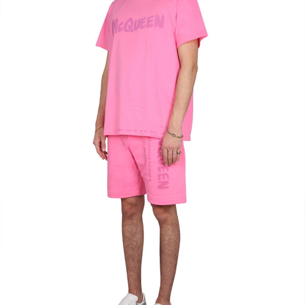 Alexander Mcqueen Men Bermuda Shorts With Graffiti Logo Print