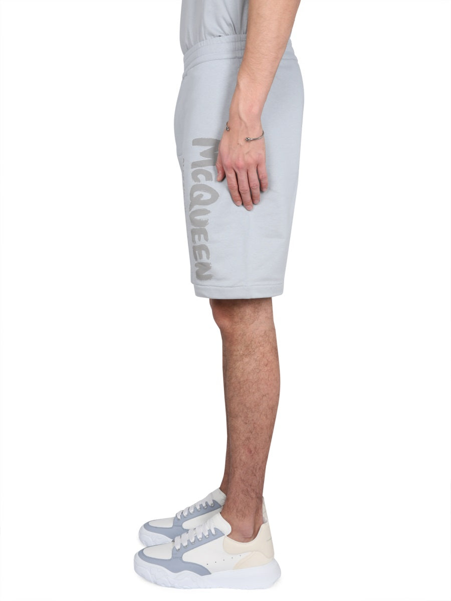 Alexander Mcqueen Men Bermuda Shorts With Graffiti Logo Print