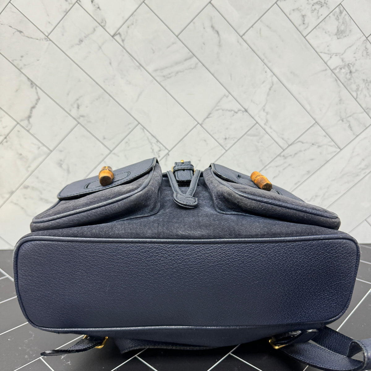 Gucci Navy Blue Suede Bamboo Small Backpack