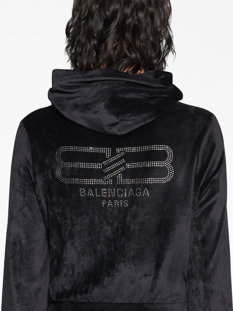 BALENCIAGA Velvet Zip-Up Hoodie with Crystal Embellishments