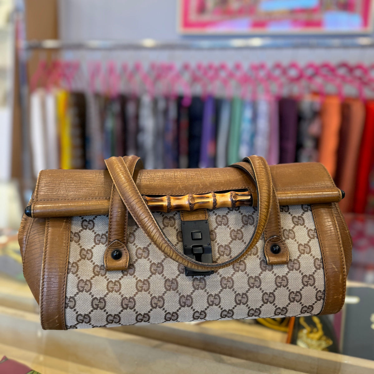 Gucci Monogram GG Canvas Leather Bamboo Bullet Bag