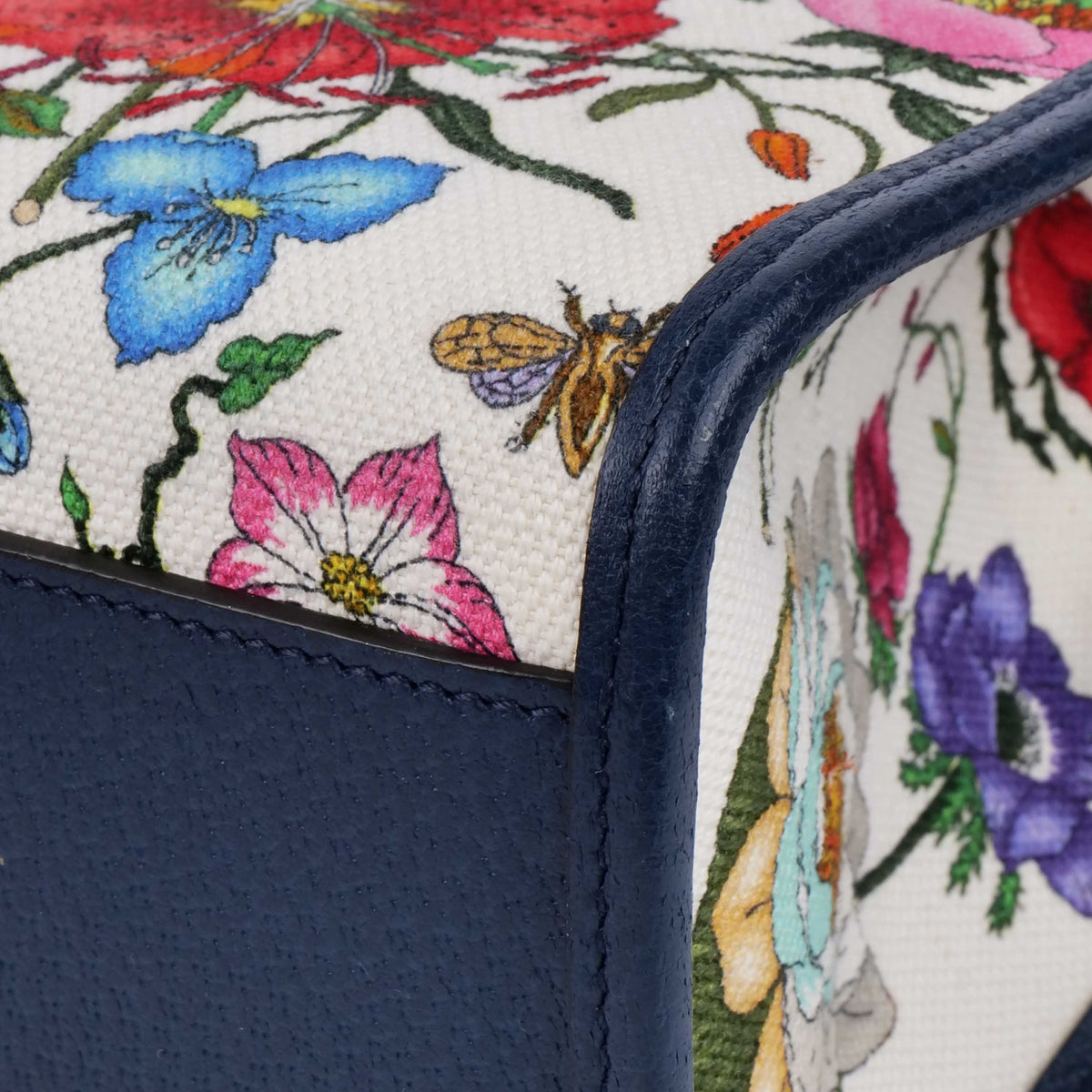 Gucci Floral Canvas Tote with Blue Leather Trim.
