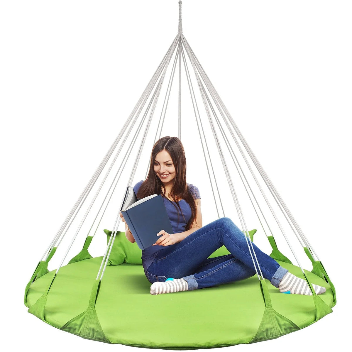 Hanging Swing Nest with Pillow, Double Hammock Daybed Saucer Style Lounger Swing, 264 Pound Capacity Green