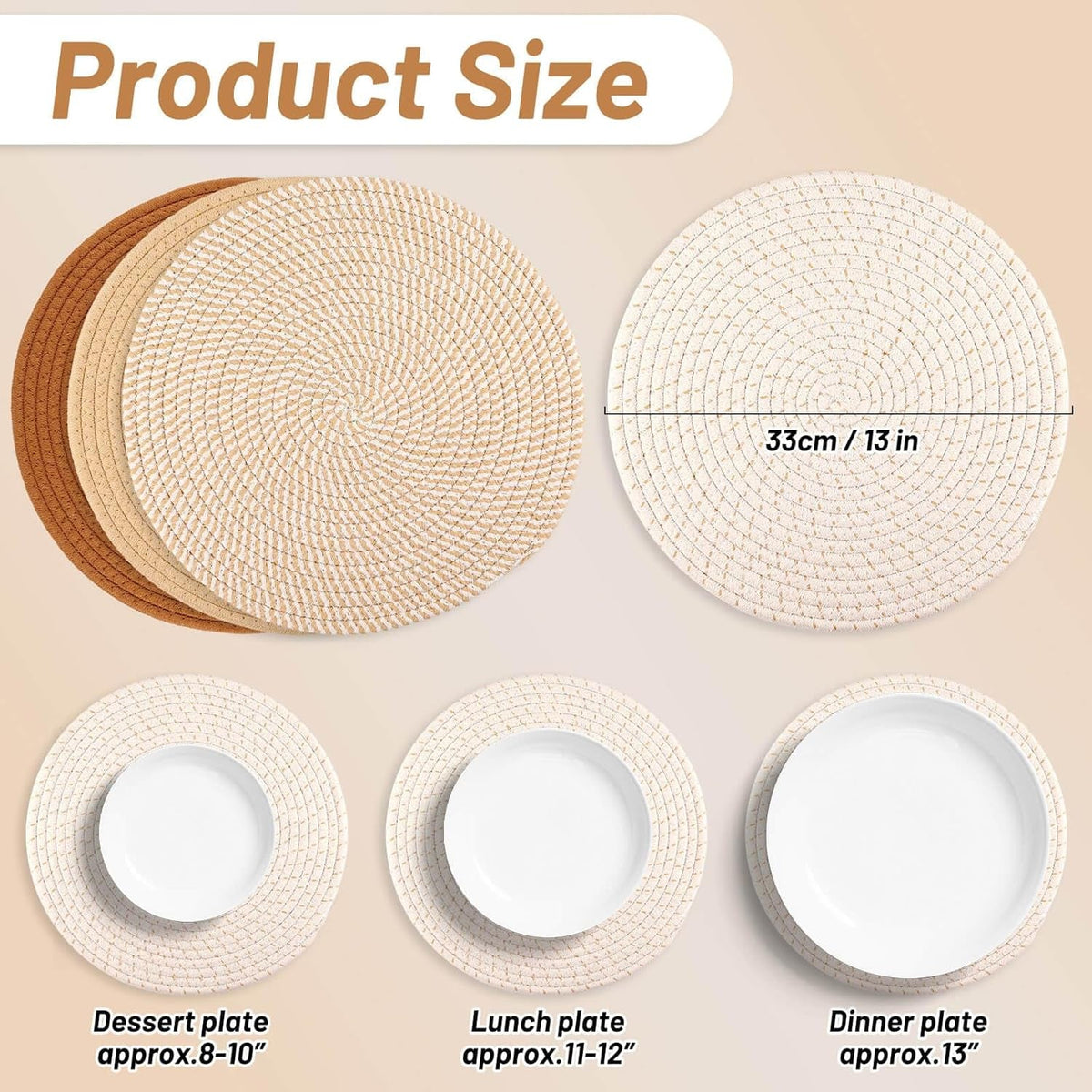 Set of 4 round Woven Placemats, 13-Inch Boho Table Decor for Dining