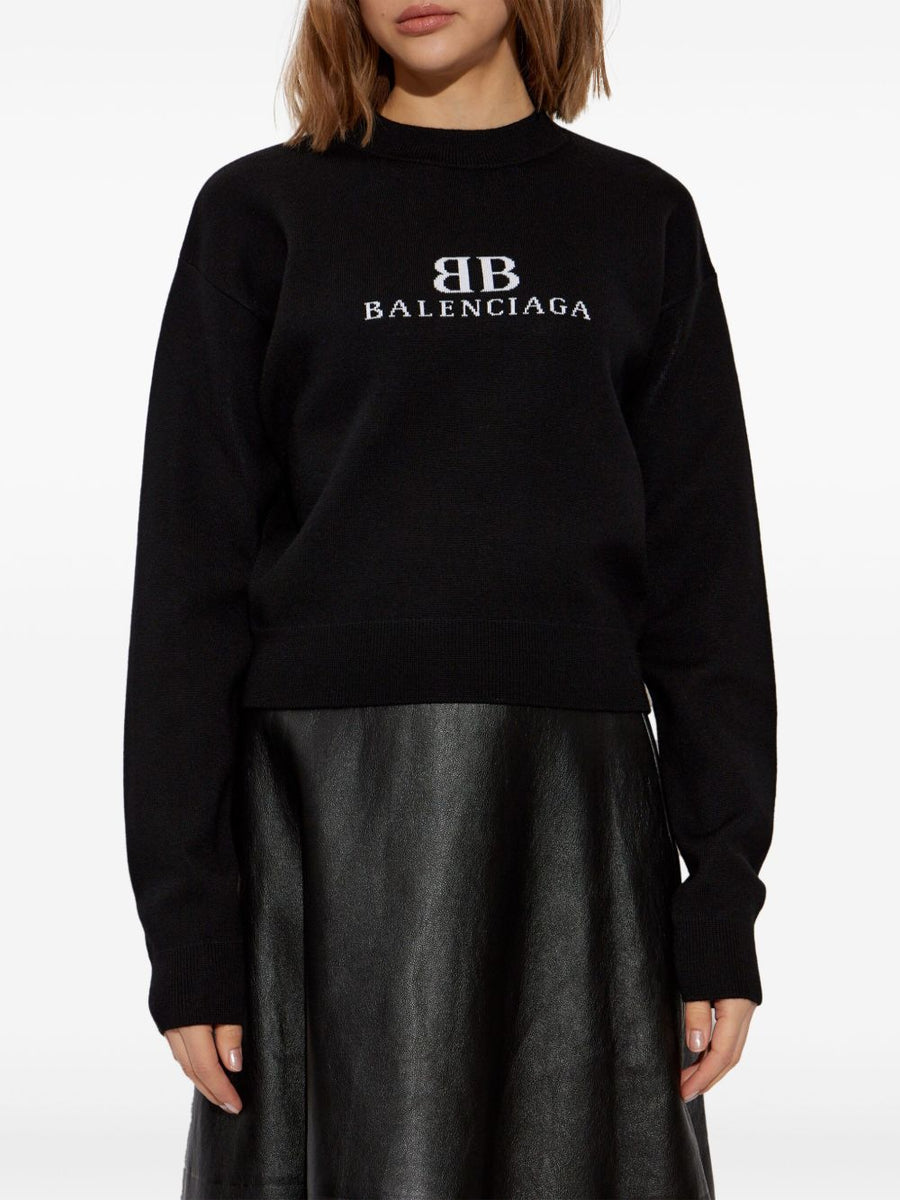 BALENCIAGA Women's Long Sleeve Drop Shoulder Knit Crew Neck Sweater