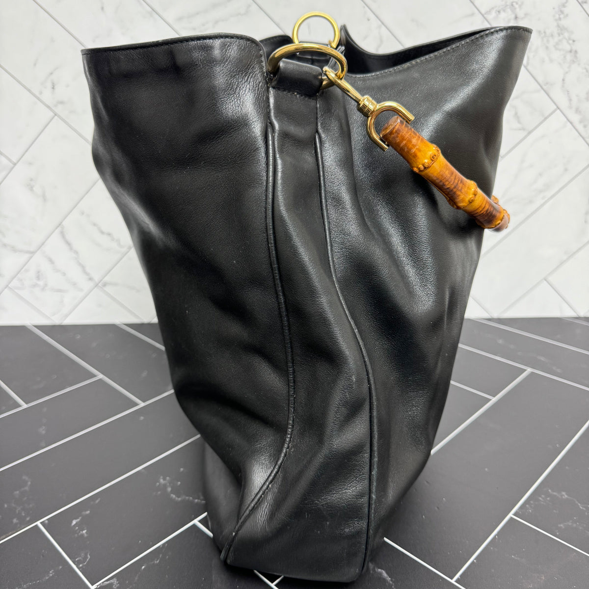 Gucci Black Leather Bamboo 2Way Bag