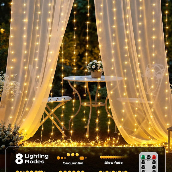300 LED Curtain String Lights, 9.8 FT Hanging Fairy Lights with Remote, 8 Modes, Waterproof Window Lights for Bedroom Backdrop Wedding Outdoor Party Christmas Decorations(Not Connectable)