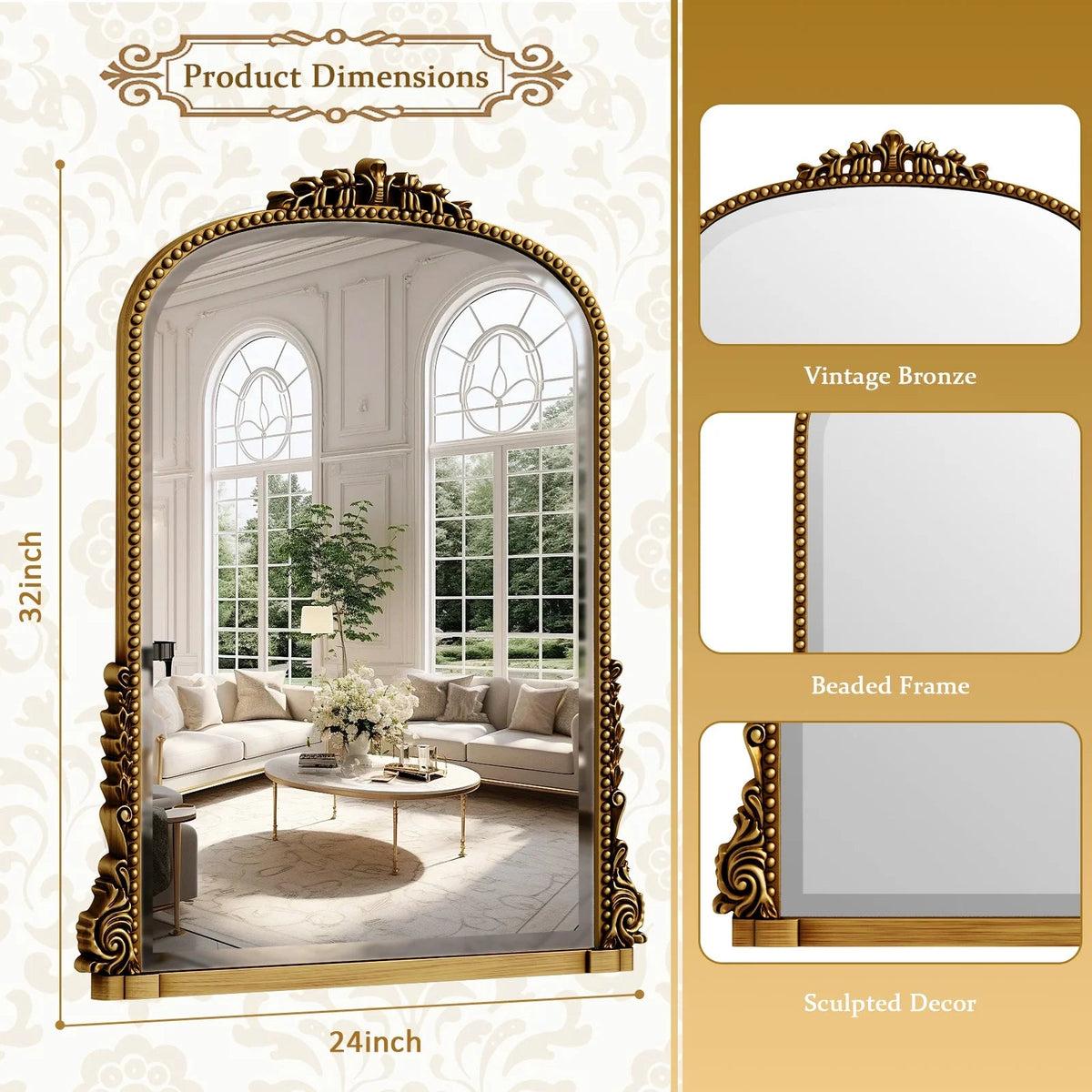 32"X 24" Arched Vanity Mirror Decor Wall Mirror for Bathroom,Antique Gold