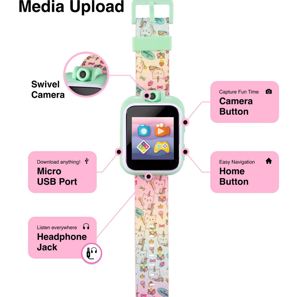 PlayZoom 2 Kids Smartwatch: Tie Dye Unicorn Cats and Ice Cream Print