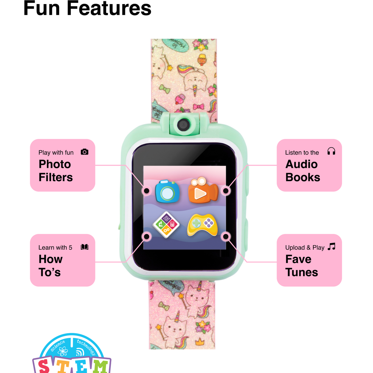 PlayZoom 2 Kids Smartwatch: Tie Dye Unicorn Cats and Ice Cream Print
