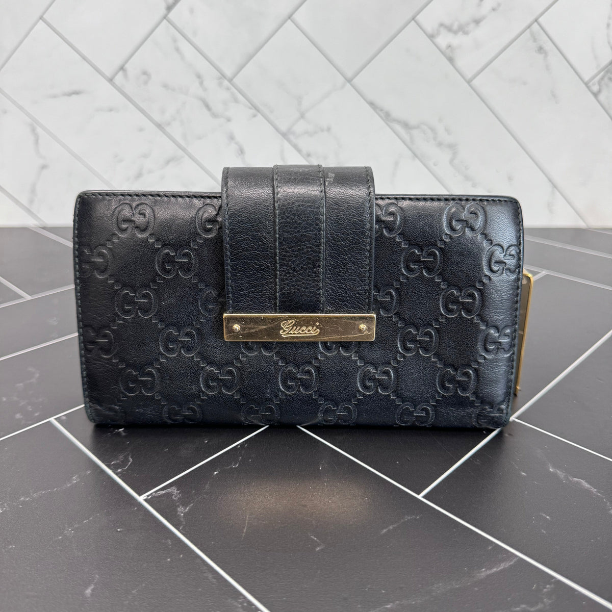 Gucci Black Guccisma Leather Long Wallet