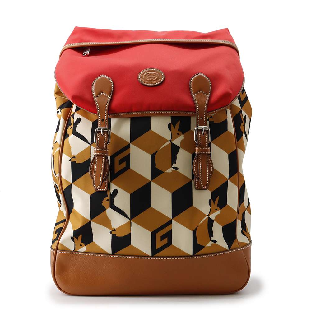 GUCCI Square G Rabbit Backpack Red/Beige/Brown 696013 Leather Nylon