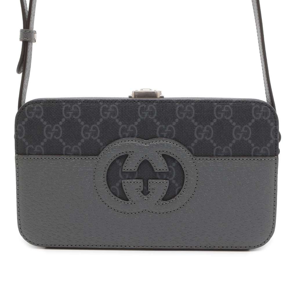 GUCCI Cutout Interlocking G Shoulder Bag Black/Gray 725341 GG SupremeCanvas Leather